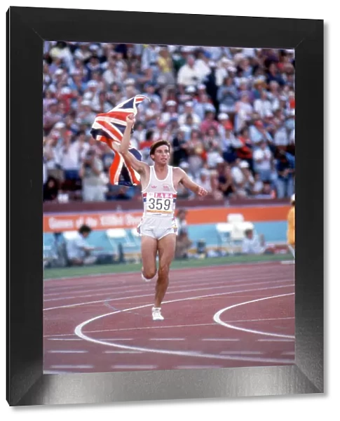 Seb Coe goes on a victory lap after retaining his 1500m Olympic title in Los Angeles in 1984