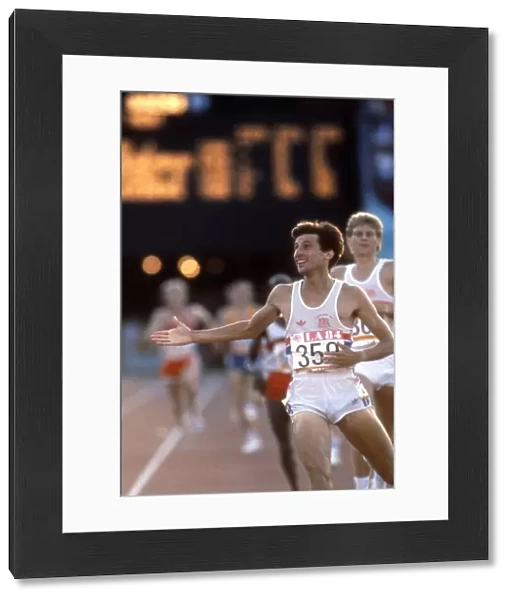 Seb Coe celebrates as he crosses the line to win 1500m gold at the 1984 Los Angeles Olympics