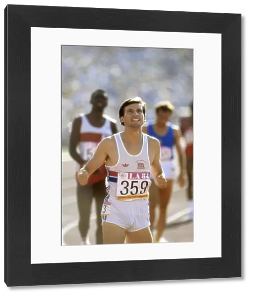 Seb Coe celebrates winning 1500m gold at the 1984 Los Angeles Olympics