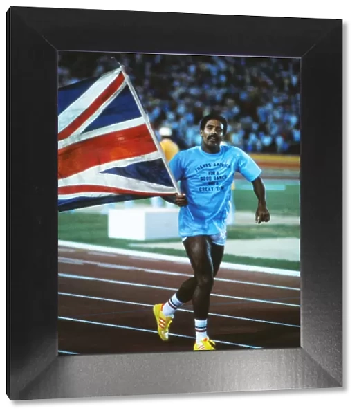 Daley Thompson celebrates his second decathlon Olympic gold medal in Los Angeles in 1984