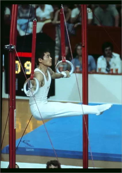Shun Fujimoto on the rings at the 1976 Montreal Olympics