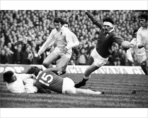 Mervyn Davies dives to intercept the ball during the 1976 Five Nations