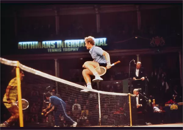 Mark Cox vaults the net after winning the 1975 Rothmans International Tennis Trophy