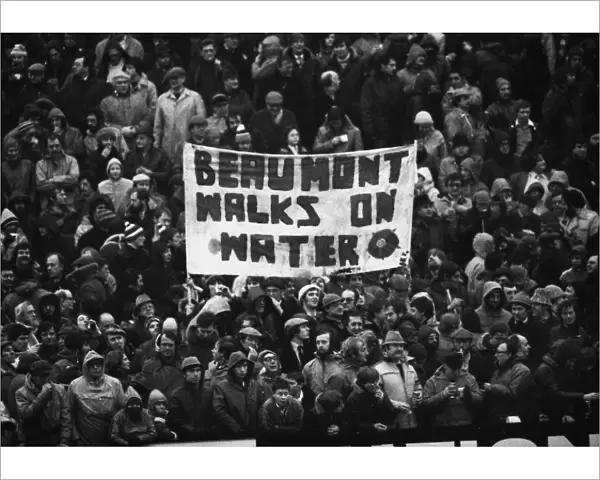 The Lancashire crowd hold up a banner for captain Bill Beaumont during the 1980 County Championship Final