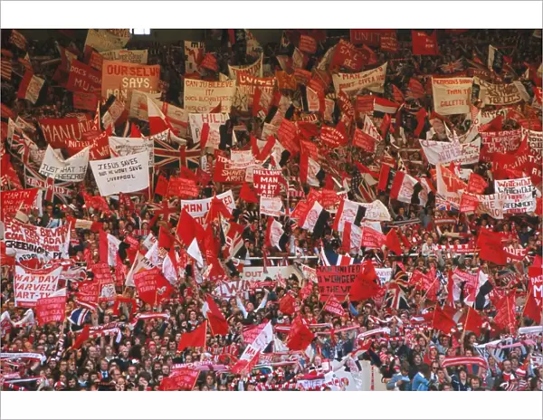 Manchester United fans show their banners in the Wembley stands during the 1977 FA Cup Final