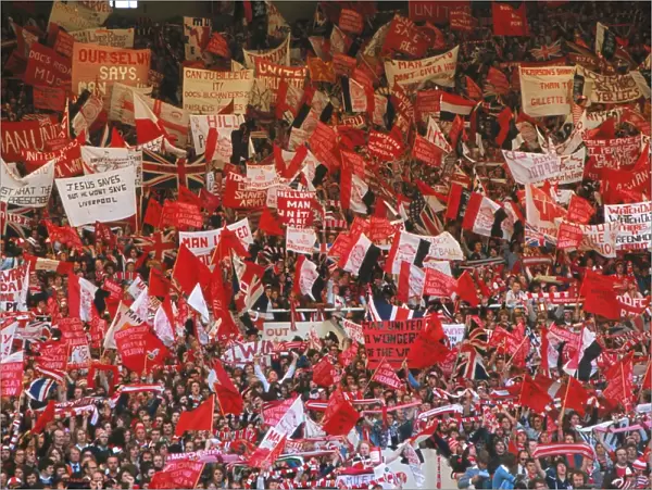 Manchester United fans show their banners in the Wembley stands during the 1977 FA Cup Final