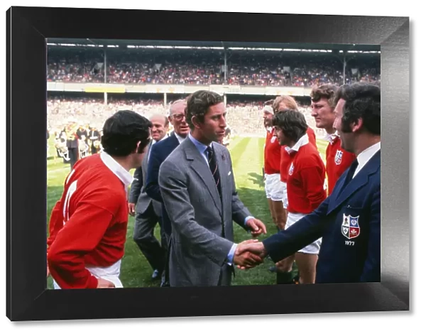 Prince Charles shakes hands with British Lions coach John Dawes before the 1977 Silver Jubilee Match
