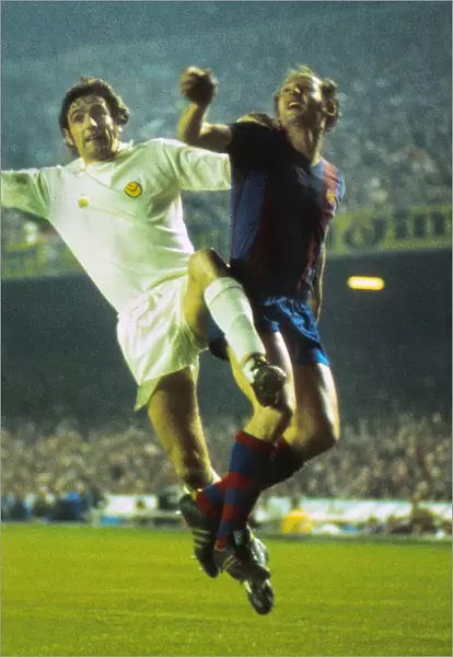 Leeds Uniteds Norman Hunter challenges for the ball at the Nou Camp during the 1975 European Cup