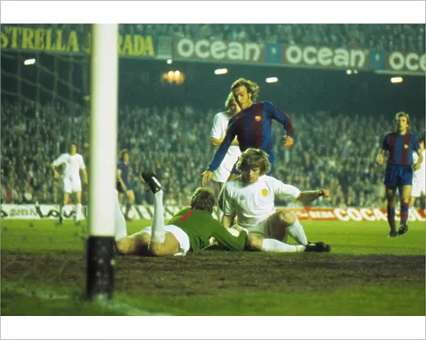Leeds United goalkeeper David Stewart makes a save during the 1975 European Cup semi-final