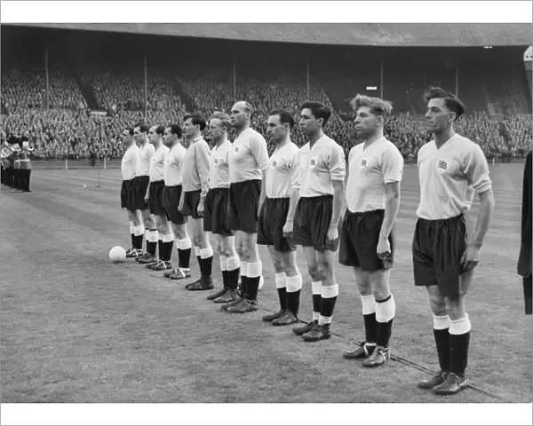 The Great Britain football team line-up at Wembley before taking on Bulgaria in 1956