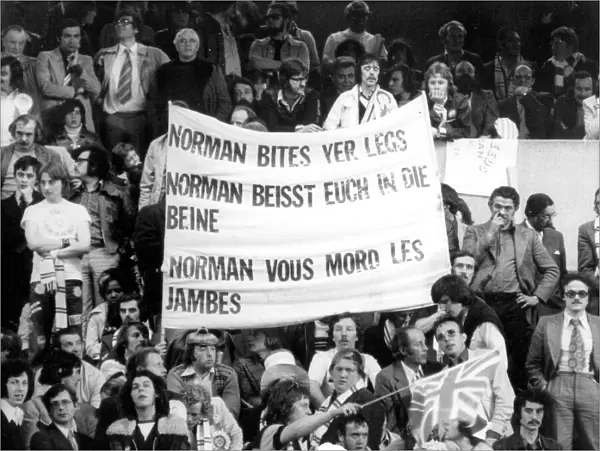 Leeds fans hold a Norman Bites Yer Legs banner during the 1975 European Cup