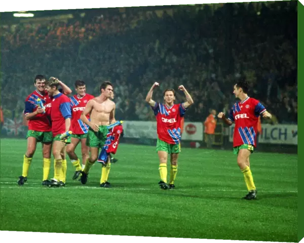 Norwich City players celebrate victory over Bayern Munich in the 1993  /  4 UEFA Cup