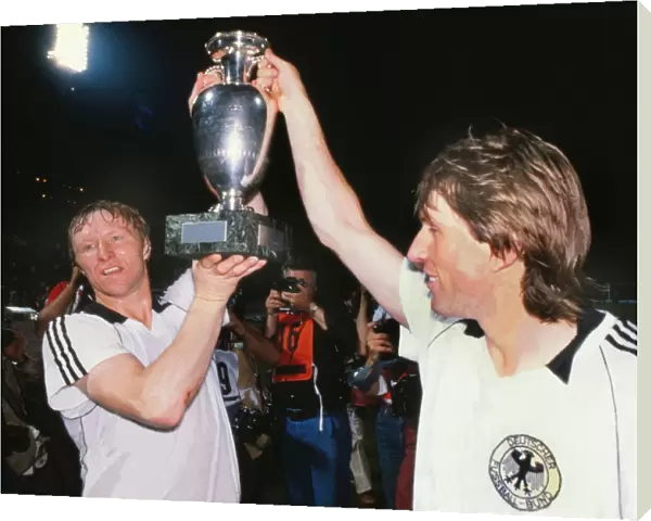 West Germanys Horst Hrubesch and Manfred Kaltz celebrate victory in Euro 1980