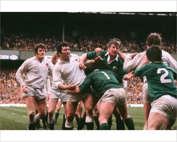 Englands Fran Cotton and Barry Nelmes takes on Irelands Moss Keane in a line-out - 1978 Five Nations
