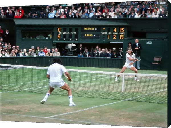 Bjorn Borg takes on Ille Nastase at the 1977 Wimbledon Championships