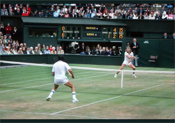 Bjorn Borg takes on Ille Nastase at the 1977 Wimbledon Championships