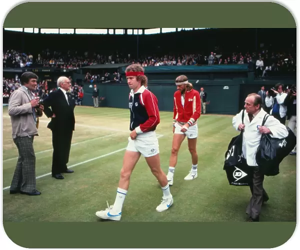 John McEnroe and Bjorn Borg walk out on Centre Court for the 1981 Wimbledon Mens Final