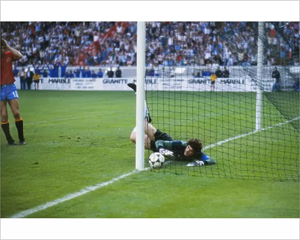 Spain goalkeeper Luis Arconada fumbles the ball into the net from Platinis free-kick in the final of Euro 84