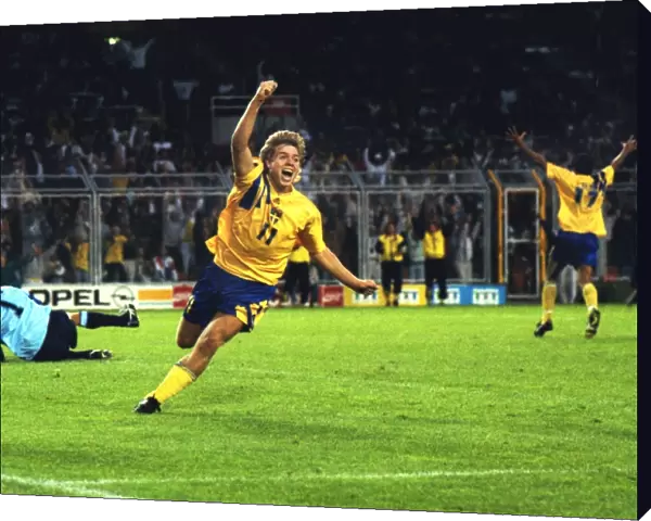 Swedens Tomas Brolin celebrates scoring the winning goal against England at Euro 92