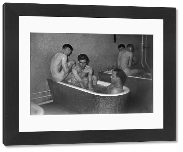 Aston Villa players in the Wembley baths after the 1957 FA Cup Final