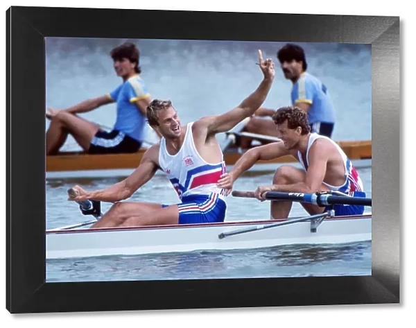 Steve Redgrave celebrates victory in the coxless pairs at the 1988 Seoul Olympics