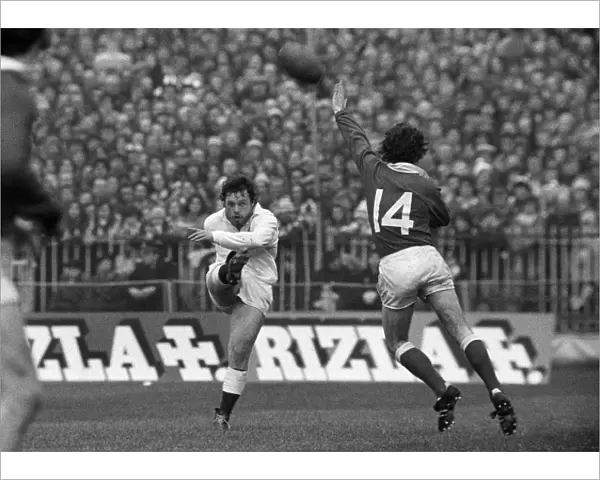 Englands Alastair Hignell kicks against Wales - 1977 Five Nations