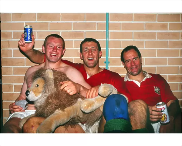 Dean Richards, Wade Dooley and Paul Ackford celebrate the British Lions test series victory against Australia in 1989