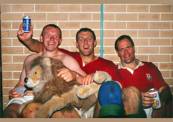 Dean Richards, Wade Dooley and Paul Ackford celebrate the British Lions test series victory against Australia in 1989