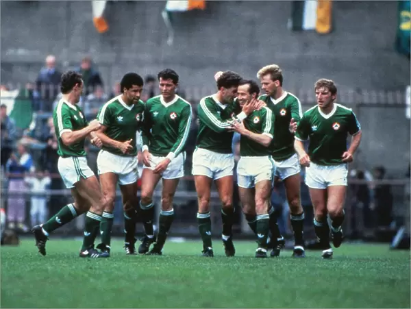 Liam Brady and his Ireland teammates celebrate his goal against Brazil in 1987