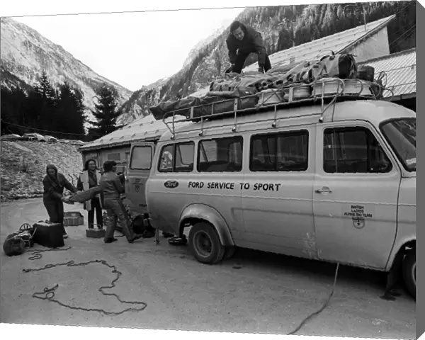 The Great Britain ladies ski team team bus is unloaded in November 1970