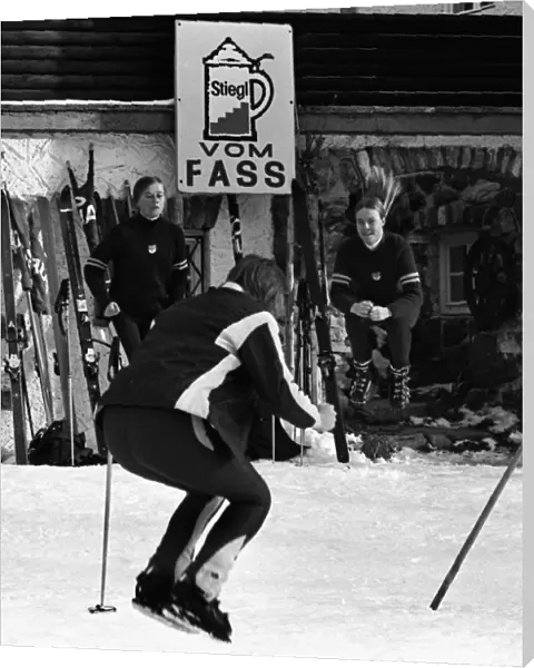 The Great Britain Ladies ski team warm up for a training session in November 1970
