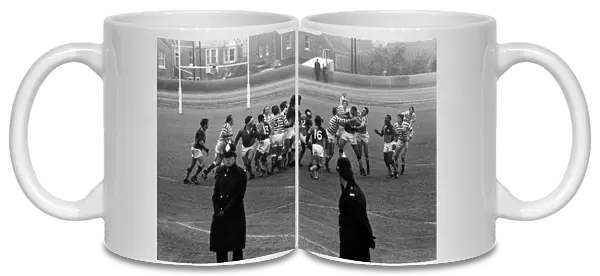 Policemen line the pitch during the South African Barbarians game against Devon in 1979
