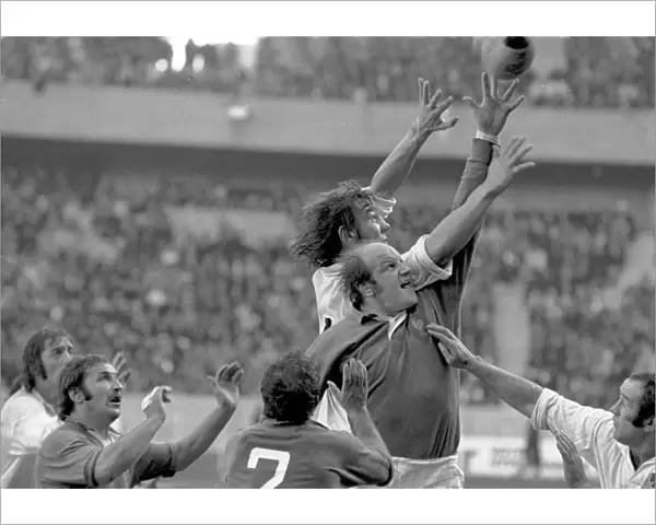 Frances Elie Cester and Englands Roger Uttley jump in a line-out - 1974 Five Nations