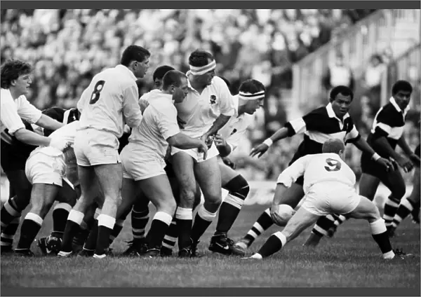 The England forwards look on as Richard Hill passes away against Fiji in 1989
