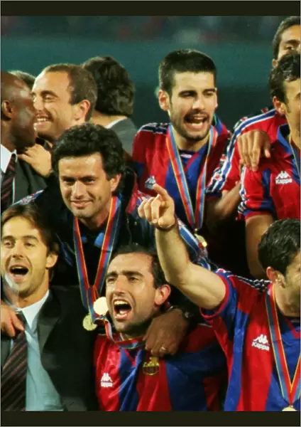 Pep Guardiola and Jose Mourinho celebrate after Barcelonas victory in the 1997 Cup Winners Cup Final