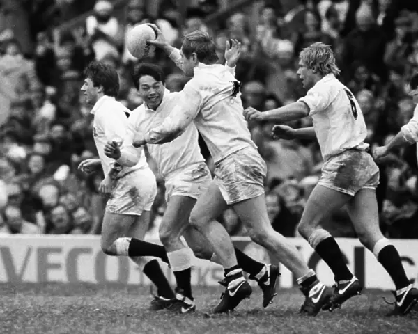 Dean Richard celebrates his try on his England debut - 1986 Five Nations
