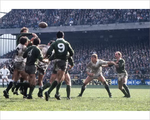 Flankers David H. Cooke and Nigel Carr tussle at the back of a line-out - 1985 Five Nations