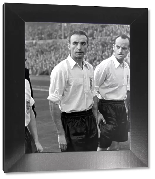 Englands Stanley Matthews and Harry Johnston line-up before the infamous 1953 defeat to Hungary at Wembley