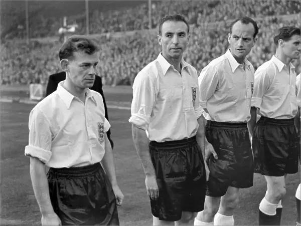 Englands Ernie Taylor, Stanley Matthews, Harry Johnston and Jimmy Dickinson line-up before the infamous 1953 defeat to Hungary at Wembley