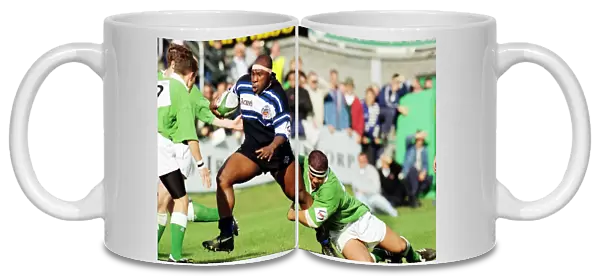 London Irishs Liam Mooney tackles Baths Victor Ubogu - 1996  /  7 Courage League