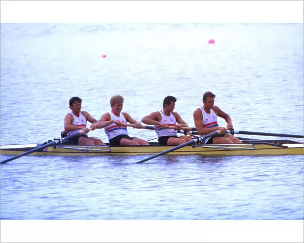 The victorious GB coxed four returning to the dock after the medal ceremony