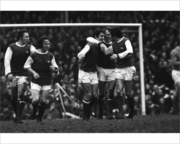 Arsenals Frank McLintock celebrates his goal with Jon Sammels and Bob McNab