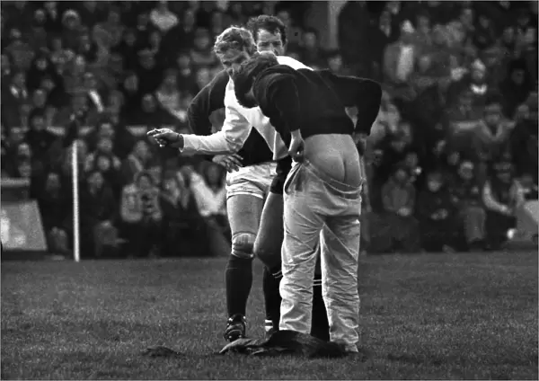 Referee Roger Quittenton askes a streaker to pull his trouser up - 1983 Five Nations
