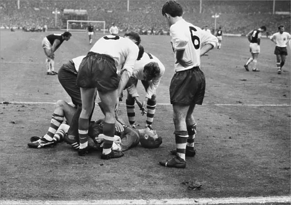 Preston goalkeeper Alan Kelly lies injured - 1964 FA Cup Final