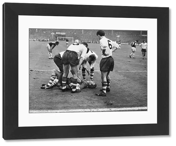 Preston goalkeeper Alan Kelly lies injured - 1964 FA Cup Final