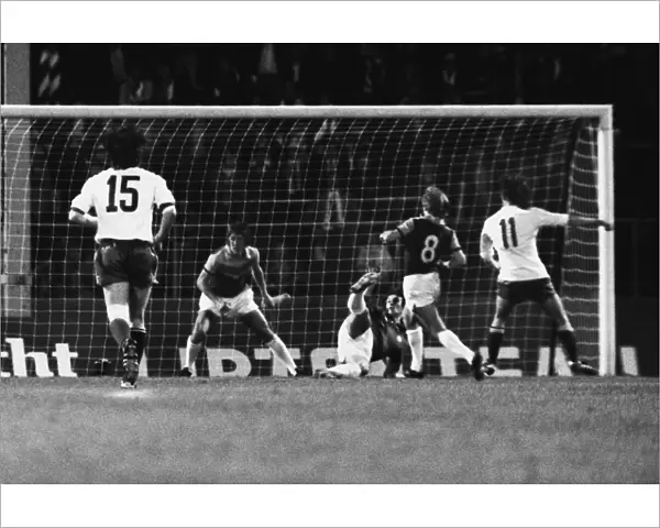 Robbie Rensenbrink scores his goal past Mervyn Davies - 1976 Cup Winners Cup Final