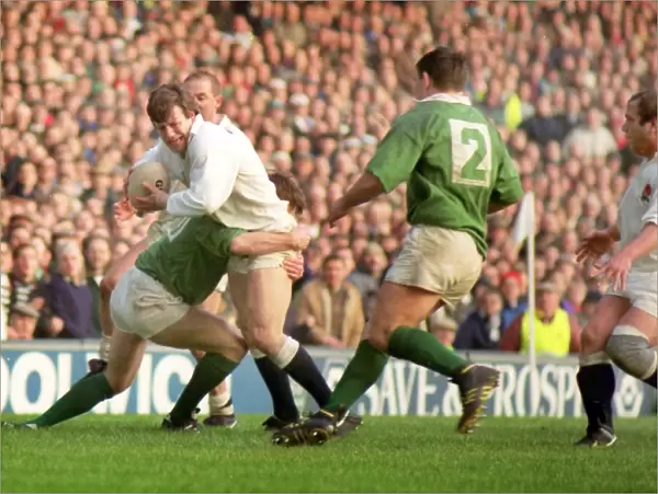 Englands Simon Halliday scores against Ireland - 1992 Five Nations
