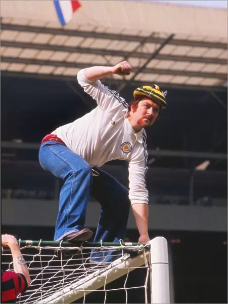 A Scotland fans climbs up the Wembley goalpost - 1977 British Home Championship