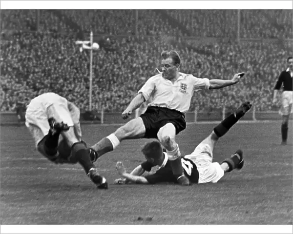 Scotland goalkeeper Fred Martin makes a save at the feet of Englands Frank Blunstone - 1954  /  5 British Home Championship