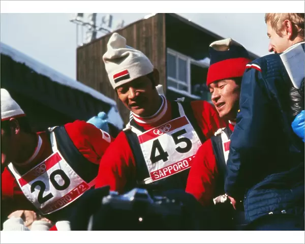 The three Japanese jumpers who had a clean-sweep of the medals celebrate - 1972 Sapporo Winter Olympics